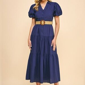 Pinch Navy Blue Puff Sleeve Midi Dress